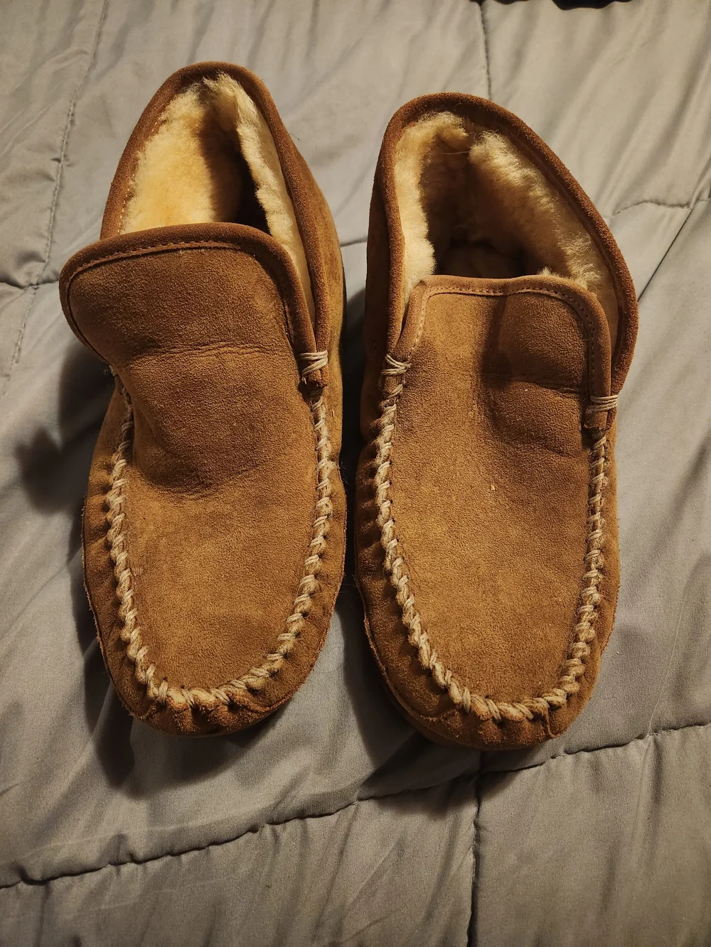 L.L. Bean Men's Brown Suede Shearling-Lined Moccasin Slippers